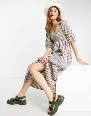 Lola May shirred bust midi smock dress in check