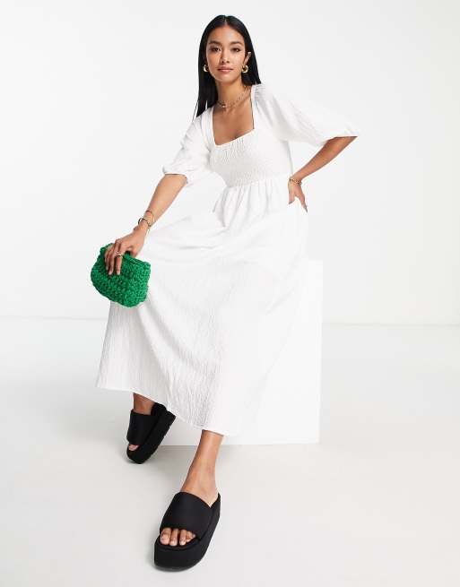 Lola May shirred bust midi smock dress in white