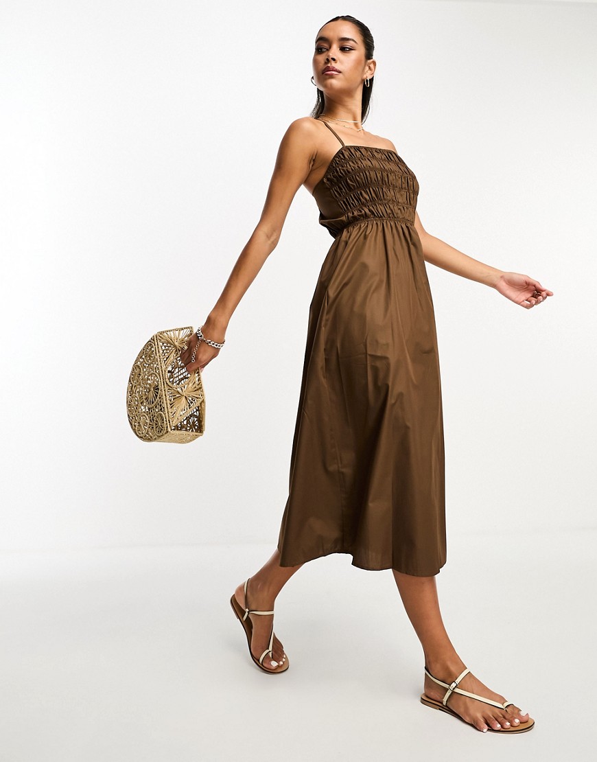 Lola May shirred cotton poplin midi dress with cross back in chocolate brown