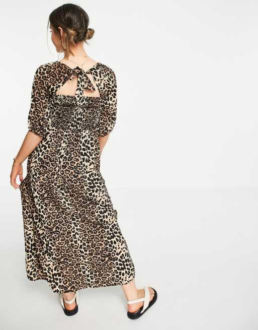Lola May shirred front tie neck smock dress in leopard print, 2 of 4