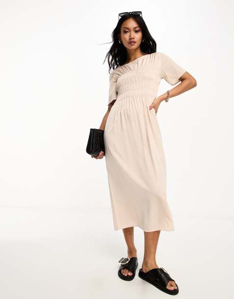 Lola May shirred midi dress in stone
