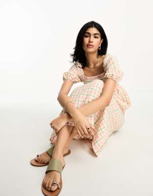 Lola May Lola May shirred puff sleeve midi smock dress in pink check