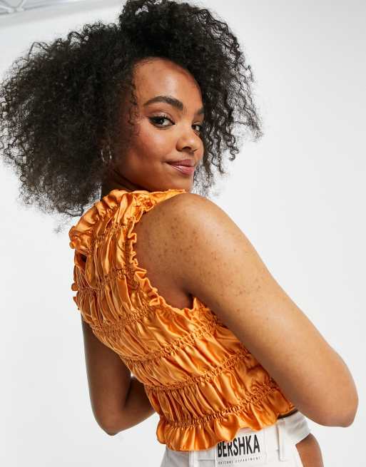 Lola May shirred satin crop top in peach, 2 of 4