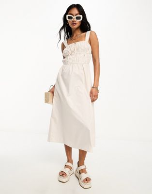 Lola May Shirred Tie Front Midi Dress In Stone-neutral
