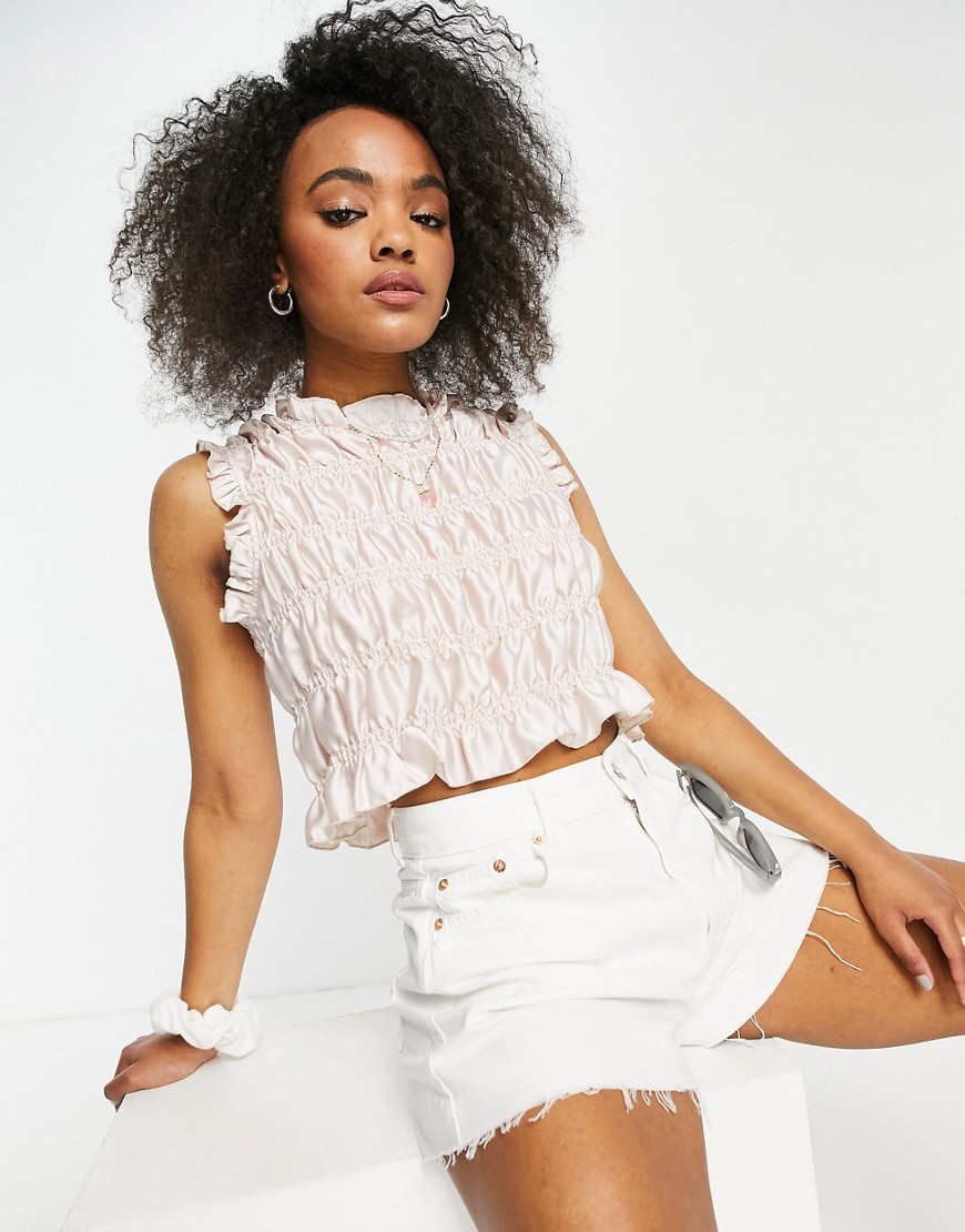 Lola May shrired satin crop top in cream-White