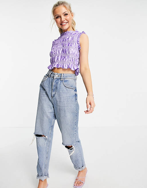 Tops Lola May shrired satin crop top in lilac 