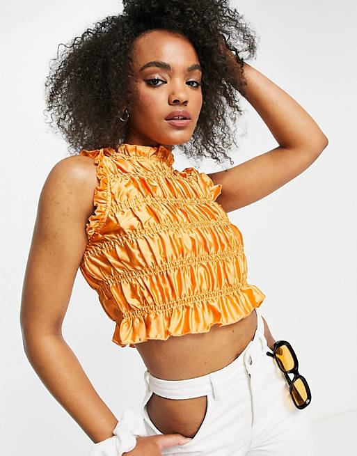 Lola May shrired satin crop top in peach