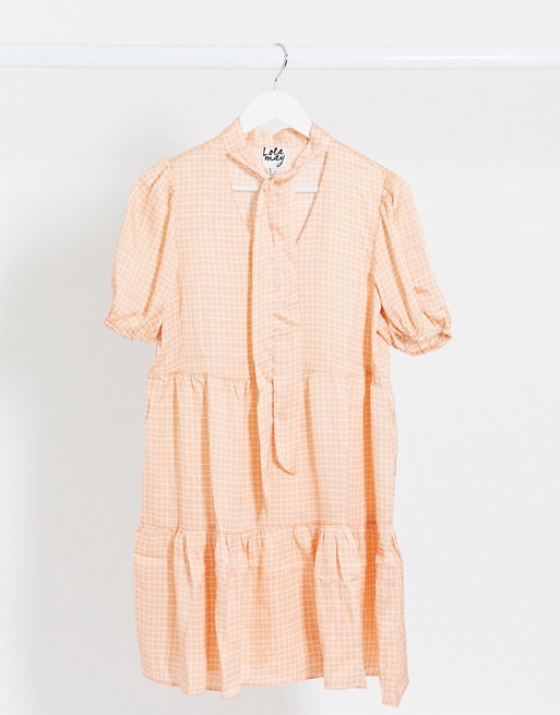 Lola May smock dress in check with neck tie