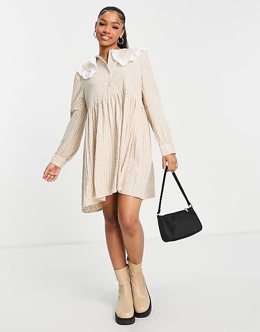 Lola May smock dress with collar in beige gingham