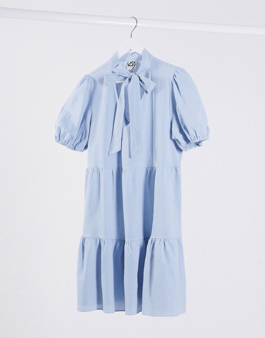 Lola May smock dress with neck tie-Blue