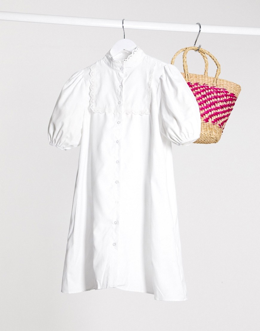 Lola May smock dress with puff sleeve-White