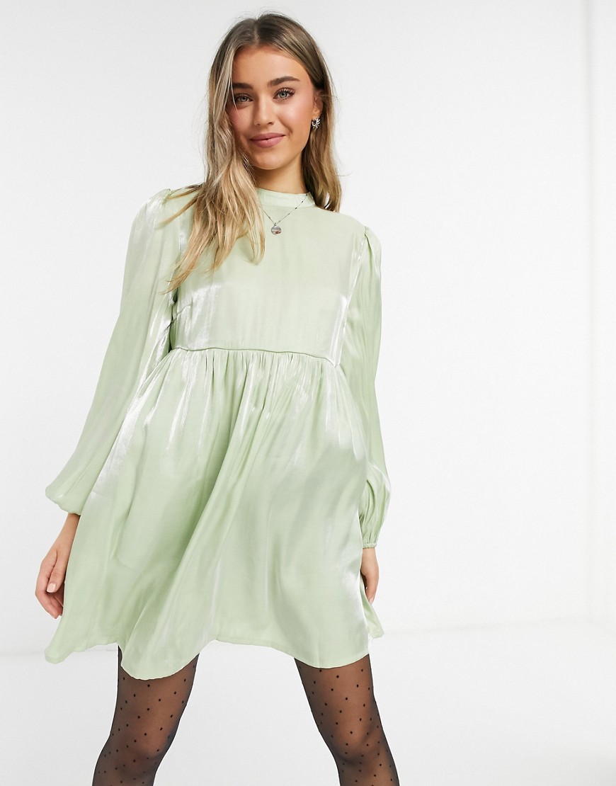 Lola May smock dress with volume sleeves in sage green