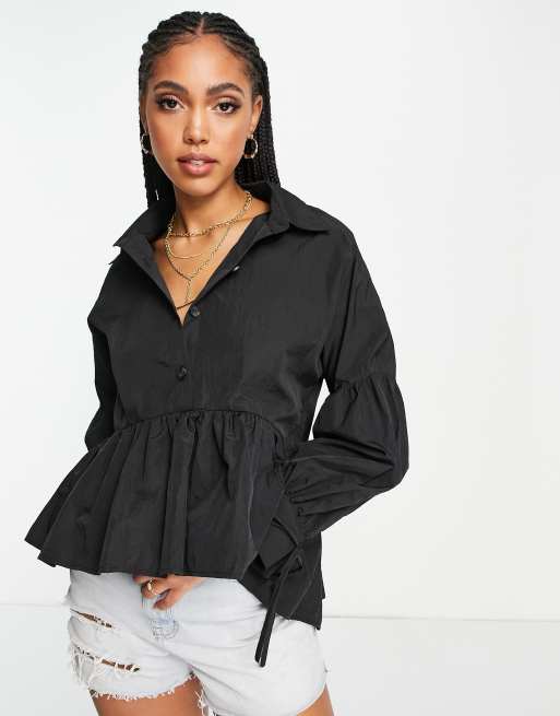 Lola May smock hem shirt with tie sleeves in black