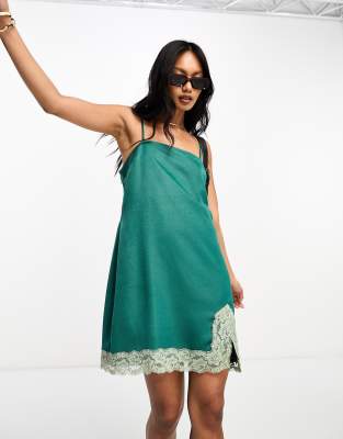 Lola May Lola May square neck satin cami strap mini dress with lace contrast in green