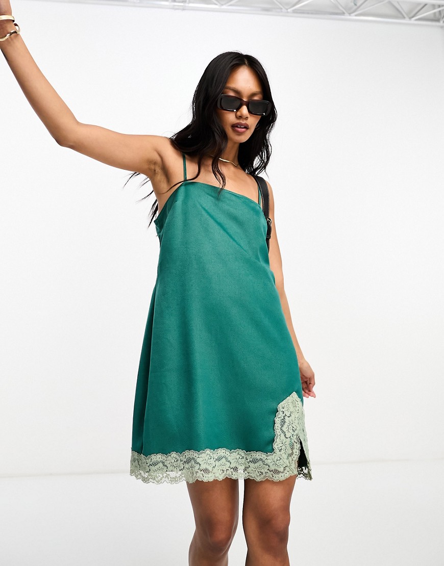 Lola May square neck satin cami strap mini dress with lace contrast in green