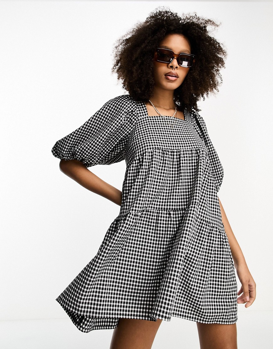 Lola May square neck tiered mini smock dress in gingham-Black