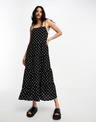 Lola May Lola May square neck trapeze midi dress in black polka dot