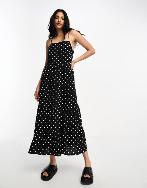 Lola May square neck trapeze midi dress in black polka dot