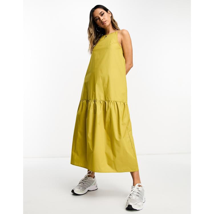 Lola May square neck trapeze tiered hem midi dress in mustard