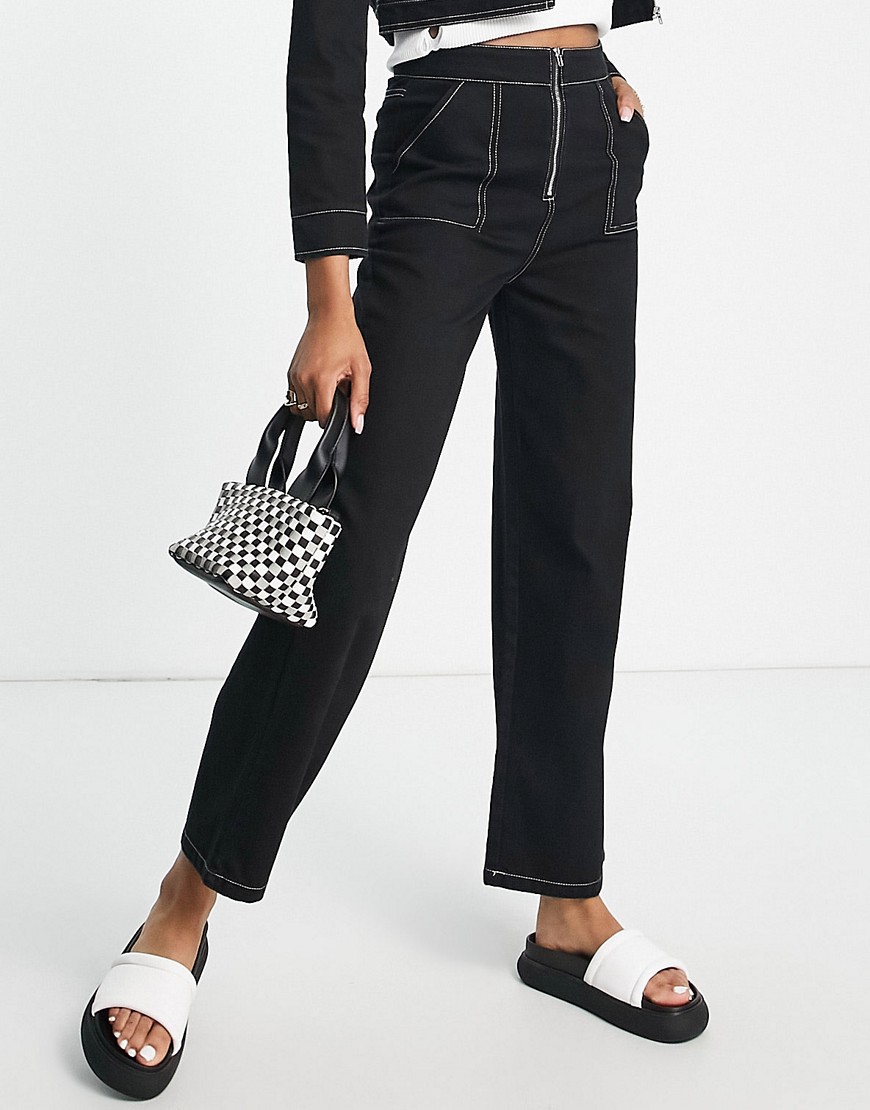 Lola May straight leg denim trousers co-ord in black with contrast stitch