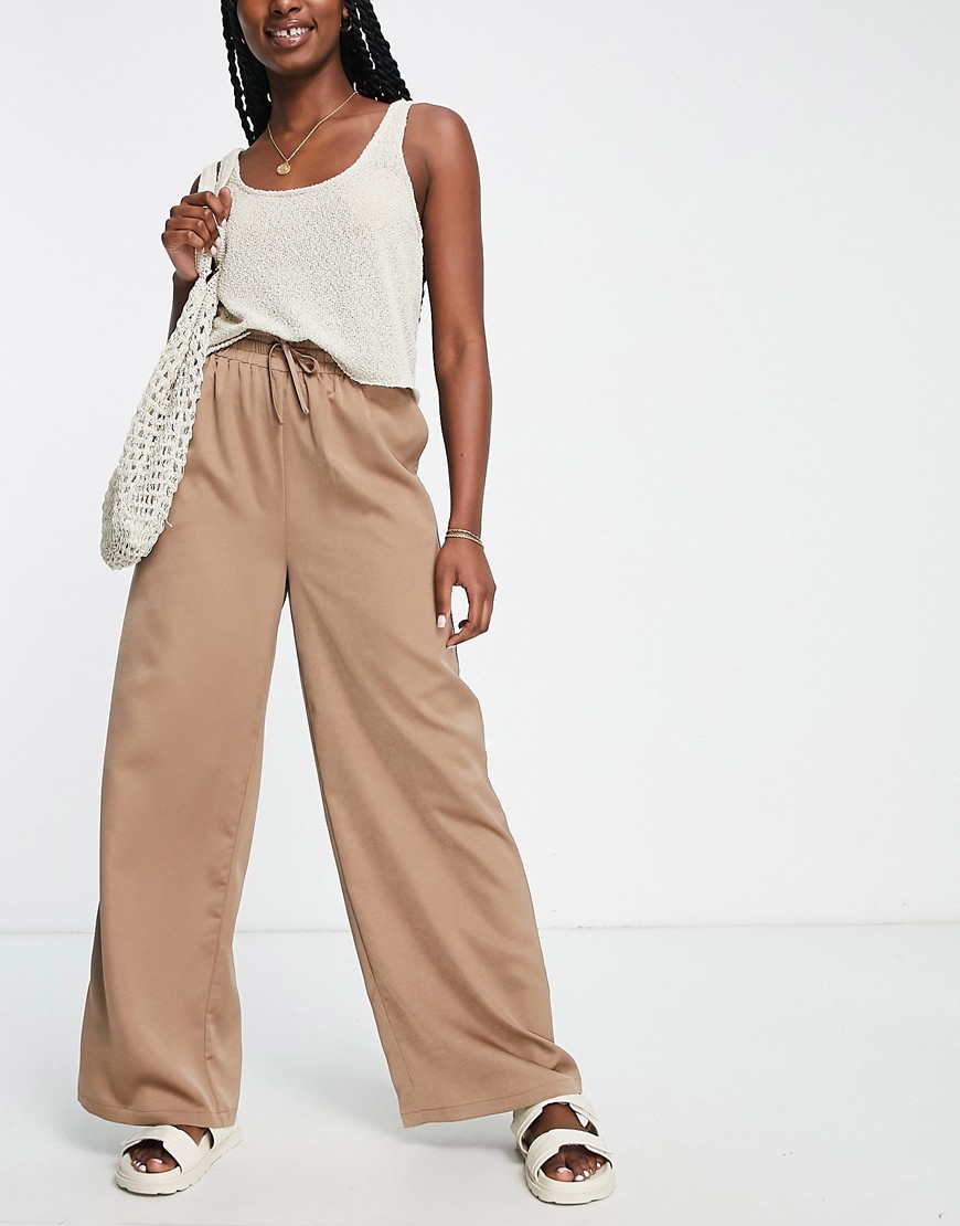 Lola May straight leg trousers with drawstring waist in chocolate brown