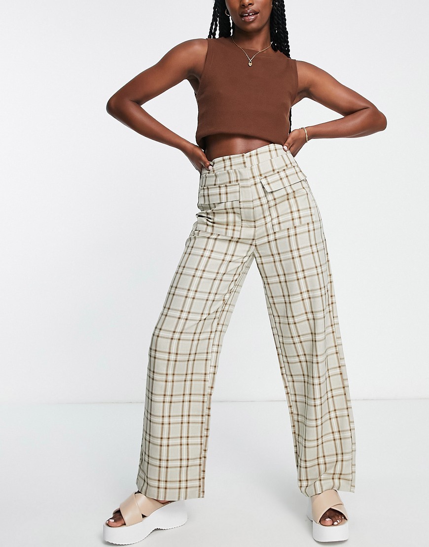 Lola May straight leg trousers with pockets in check-Multi