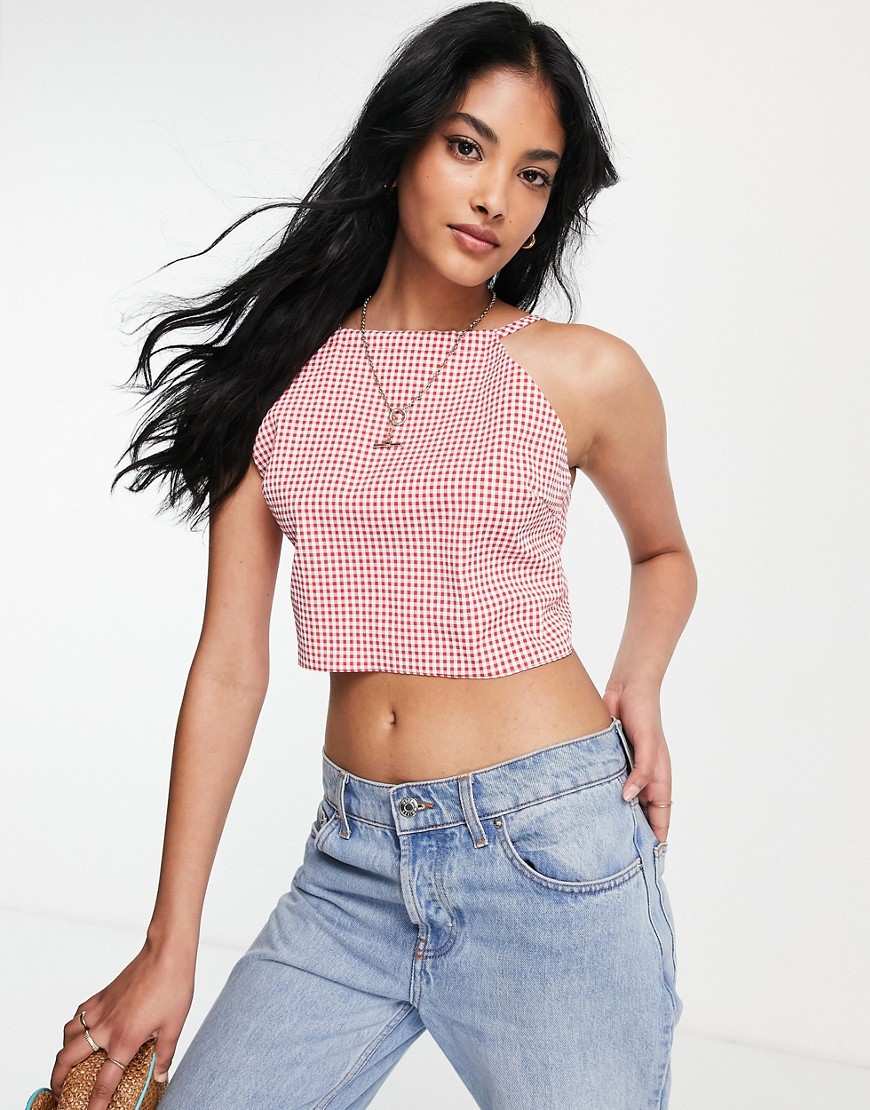 Lola May strappy open back crop top in red gingham