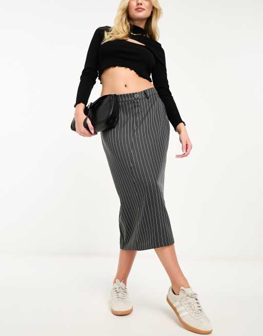 Lola May tailored midi skirt in charcoal pinstripe