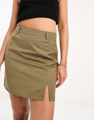 Lola May Lola May tailored mini skirt in taupe stripe-Neutral