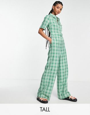 Lola May Tall belted wide leg jumpsuit in green check