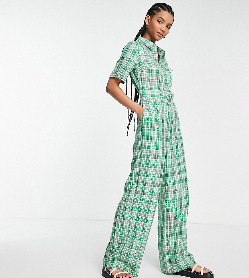 Lola May Tall belted wide leg jumpsuit in green check