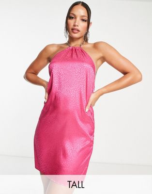 Lola May Tall chain strap satin mini dress in hot pink animal jacquard