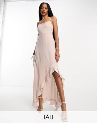 Lola May Tall Cowl Front Asymmetric Hem Midi Dress In Champagne-neutral