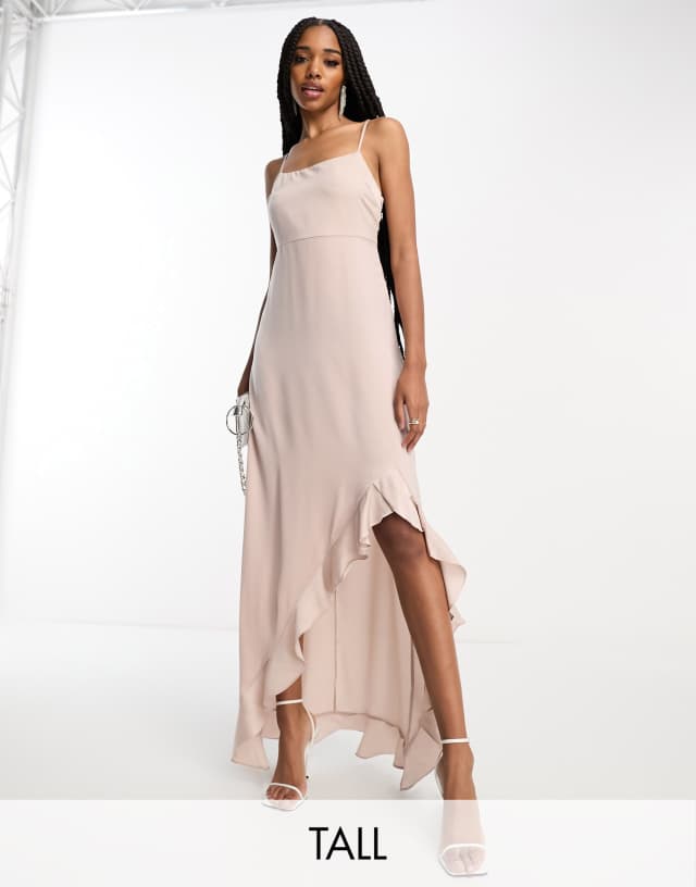 Lola May Tall cowl front asymmetric hem midi dress in champagne