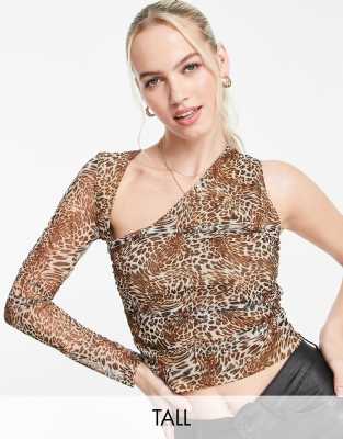 Lola May Tall cut out front ruched mesh crop top in brown leopard  print-Multi