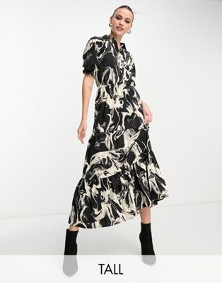 Lola May Tall midaxi tiered shirt dress in abstract print - ASOS Price Checker