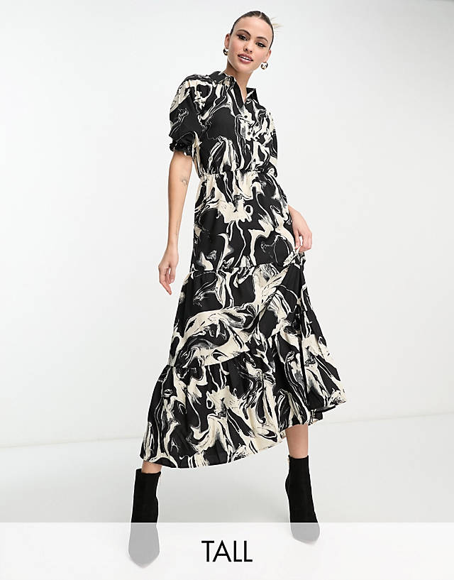 LOLA MAY TALL - midaxi tiered shirt dress in abstract print