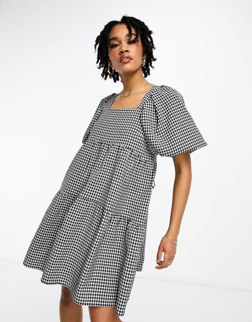 Lola May Tall - Mini smockjurk met vierkante halslijn, stroken en gingham ruit, 3 van 4