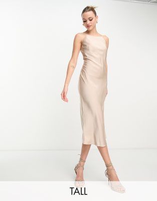 LOLA MAY TALL Lola May Tall satin cami midaxi dress with pearl effect straps in champagne-Neutral