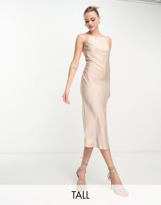 Lola May Tall satin cami midaxi dress with pearl effect straps in champagne-Neutral