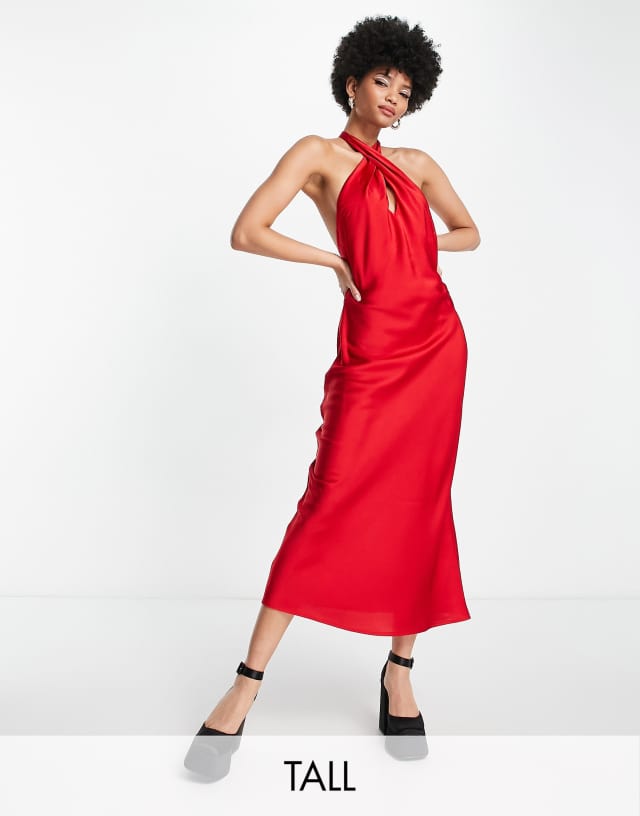 Lola May Tall satin cross front halter neck midi dress in red