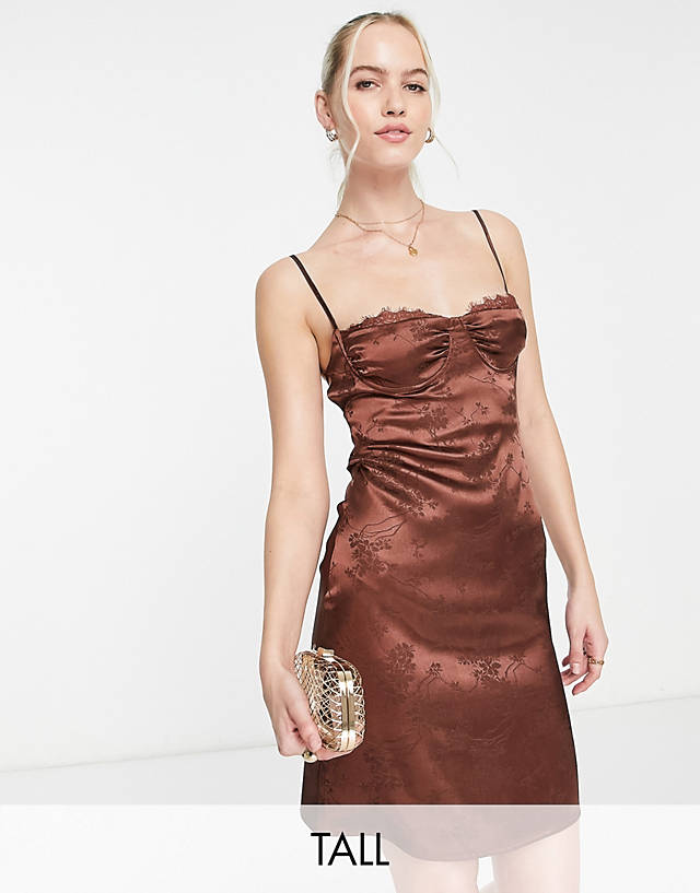 LOLA MAY TALL - satin jacquard mini dress with strappy back in chocolate brown