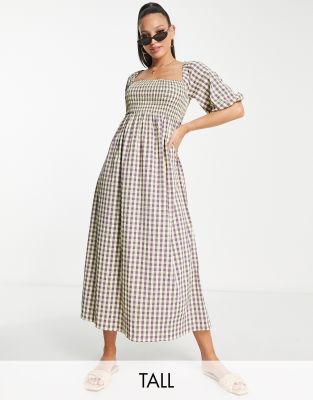 LOLA MAY TALL Lola May Tall shirred bust midi smock dress in check-Multi