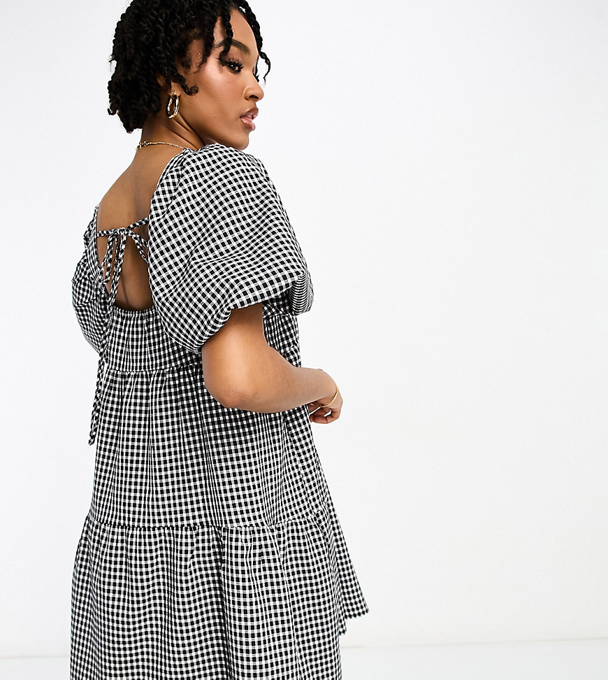Lola May Tall square neck tiered mini smock dress in gingham-Black