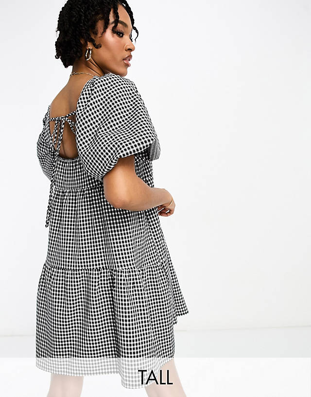 LOLA MAY TALL - square neck tiered mini smock dress in gingham
