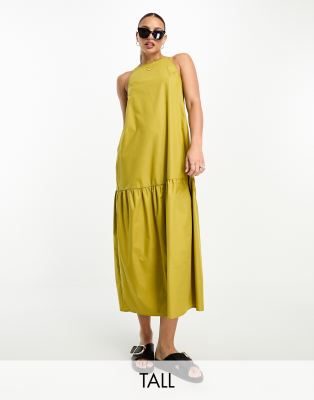 Lola May Tall square neck trapeze tiered hem midi dress in mustard-Yellow