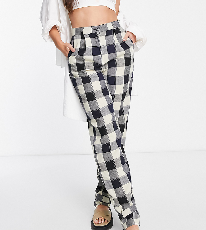 Lola May Tall tie cuff tailored trousers in check-Black