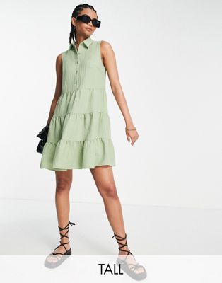 Lola May Tall tiered button front smock dress in sage green