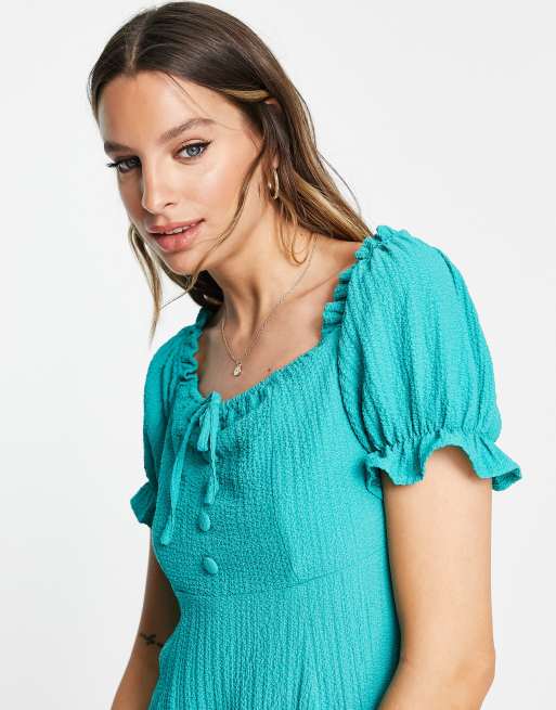 Lola May Tall - Vestito corto verde-azzurro con spalle scoperte e bottoni, 4 di 4