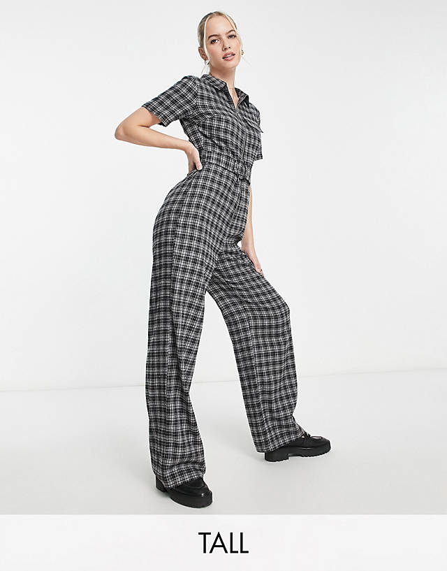 LOLA MAY TALL - zip front wide leg jumpsuit in check